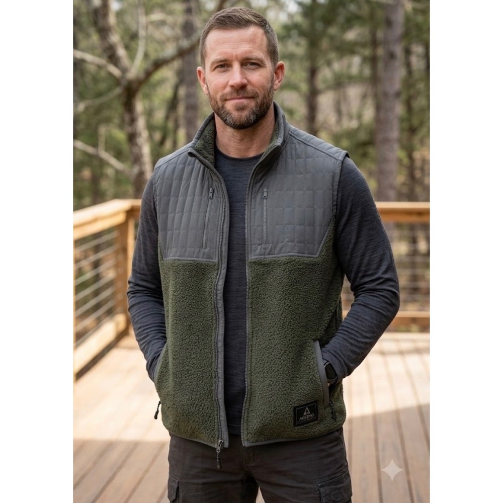 Ascend Mens XL Sherpa Fleece Vest Quilted Yoke Full Zip Olive Green Grey Hiking